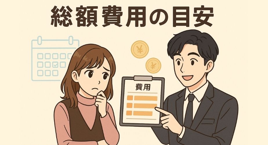 探偵事務所の浮気調査にかかる総額費用の目安を説明する見出し用イラスト。女性のめぐみがカレンダーを見て不安そうにし、探偵の好太郎が費用の表を指し示す場面