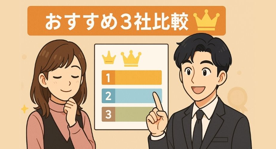 おすすめ探偵事務所3社を料金・実績・口コミで比較する見出し用イラスト。女性のめぐみがランキング表を見て安心し、探偵の好太郎がポイントを説明している場面