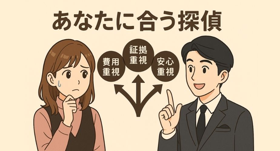 自分に合った探偵事務所を選ぶポイントを解説する見出し用イラスト。女性のめぐみが分岐矢印を見ながら悩み、探偵の好太郎がアドバイスしている場面