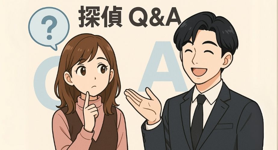 探偵依頼に関するよくある質問と回答を解説する見出し用イラスト。女性のめぐみが疑問を持ち、探偵の好太郎が優しく答えている場面