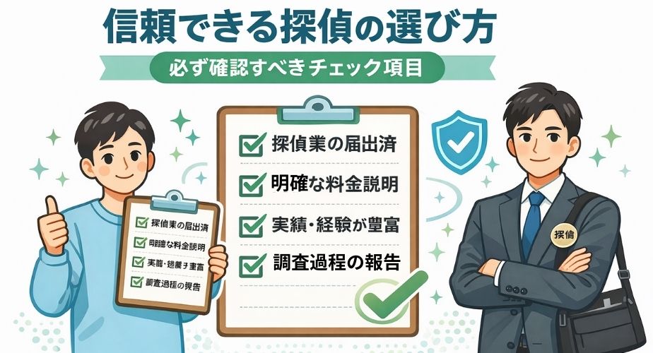 信頼できる探偵を選ぶためのチェック項目をイメージしたイラスト