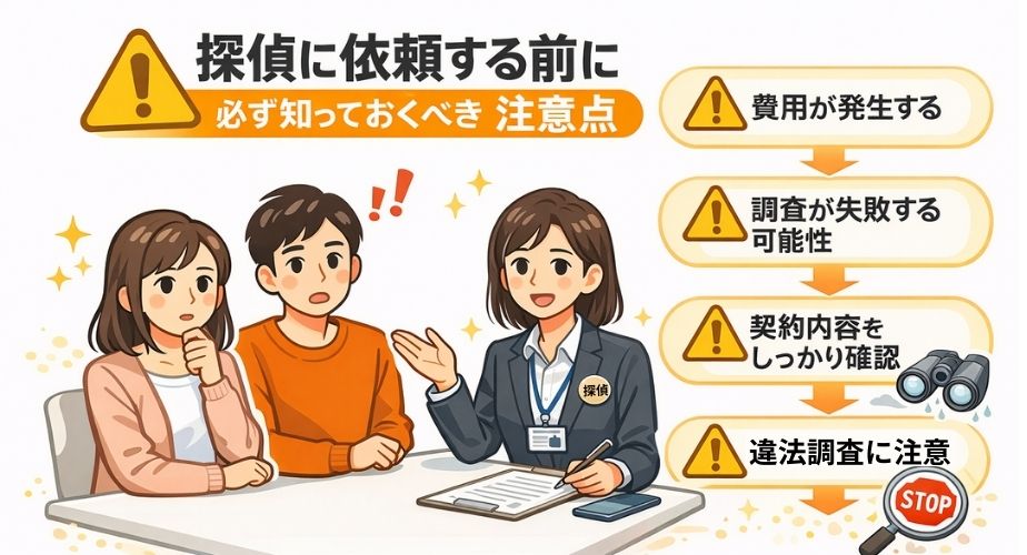探偵に依頼する前に注意すべきポイントを示したイラスト