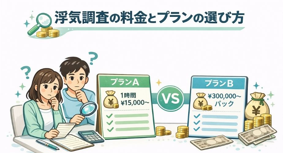 浮気調査の料金やプランの違いを比較しているイラスト