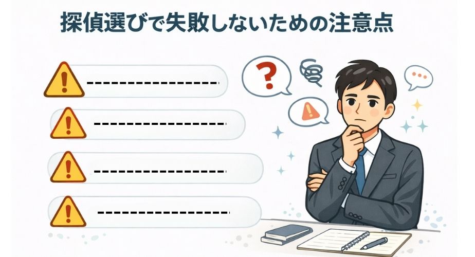 探偵選びで失敗しないための注意点を表したイラスト