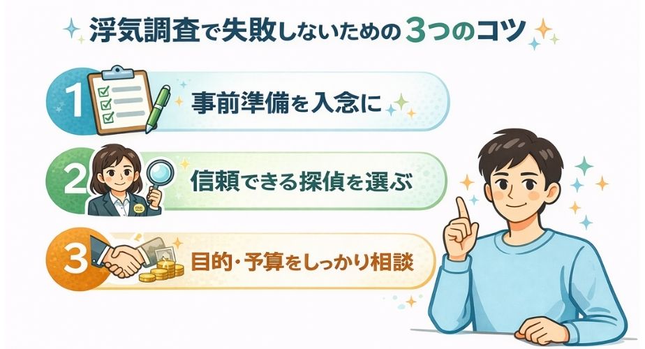 浮気調査で失敗しないための3つのコツを表したイラスト