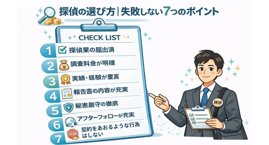 探偵の選び方で失敗しない7つのポイントをまとめたイラスト