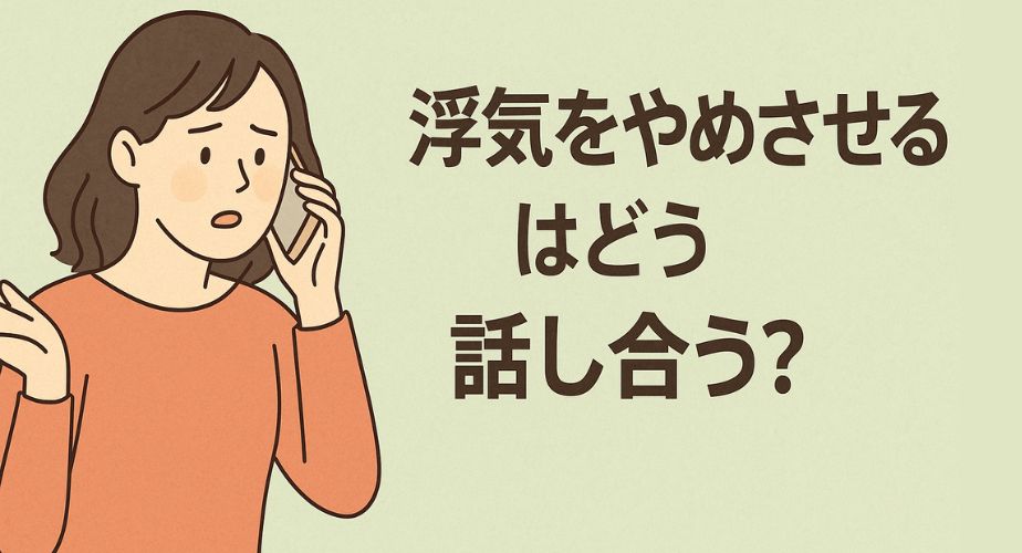 浮気をやめさせるにはどう話し合う？と書かれた文字の横で、不安そうな表情で電話をしている女性のイラスト。背景は淡いグリーン。
