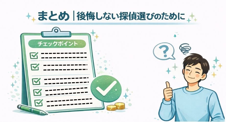 後悔しない探偵選びのポイントをまとめたイラスト