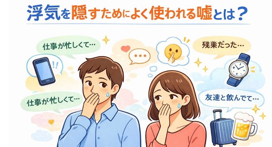 浮気を隠すためによく使われる嘘や言い訳をイメージしたイラスト