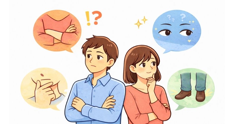 仕草や態度から浮気の嘘を見抜くポイントを表したイラスト