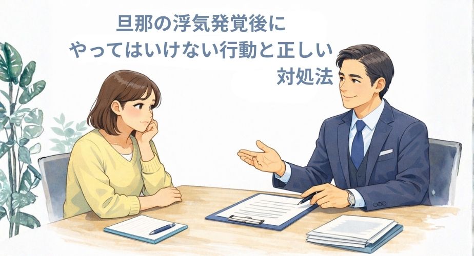元探偵が旦那の浮気発覚後にやってはいけない行動と正しい対処法を主婦に説明している安心感のある法律相談イラスト