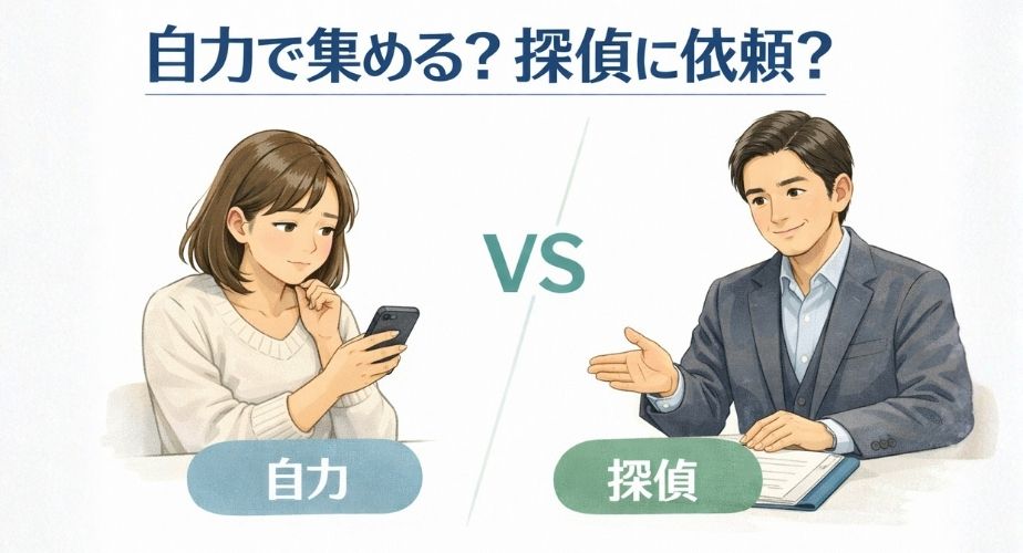 浮気の証拠を自力で集める方法と探偵に依頼する方法の比較イメージ