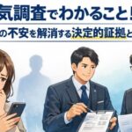 浮気調査でわかることを解説する記事のアイキャッチ画像。主婦が不安そうにスマホを見る一方で、探偵相談員と弁護士が冷静に