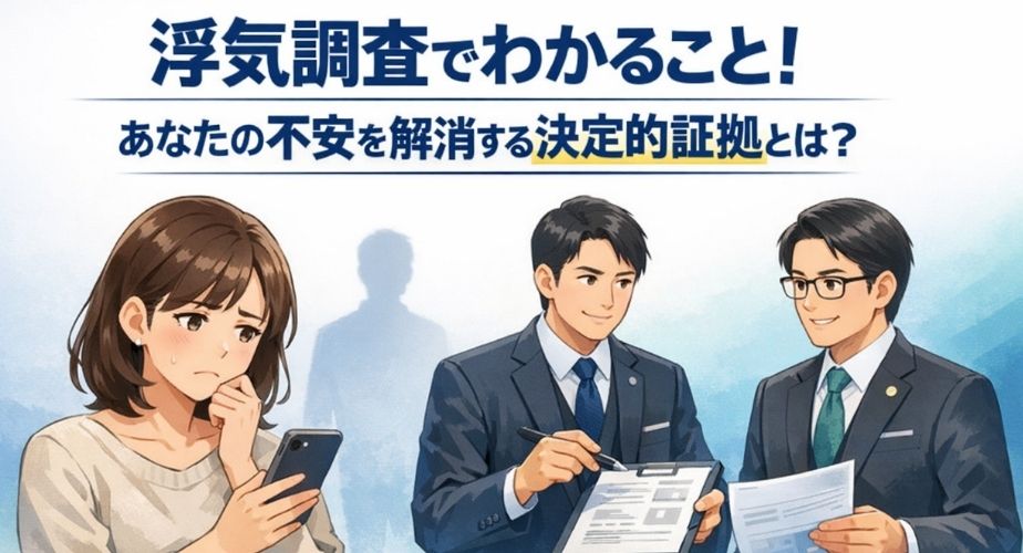 浮気調査でわかることを解説する記事のアイキャッチ画像。主婦が不安そうにスマホを見る一方で、探偵相談員と弁護士が冷静に