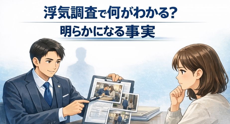 浮気調査で明らかになる事実を説明する探偵と相談者のイラストバナー