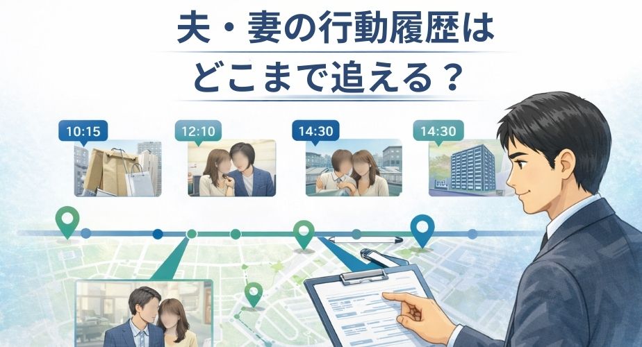 行動履歴をタイムラインで確認する浮気調査のイメージイラスト