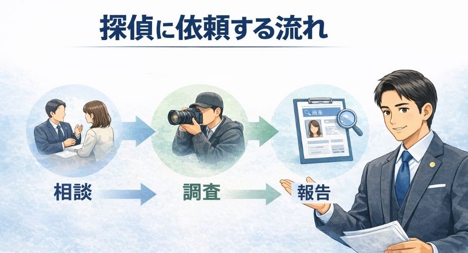 浮気調査を探偵に依頼する流れを説明するバナー画像