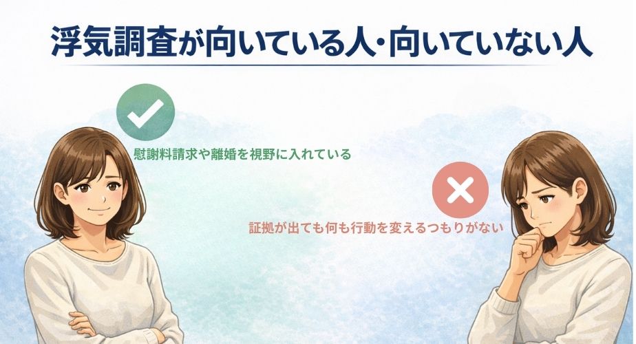 浮気調査が向いている人と向いていない人を示す比較イラスト
