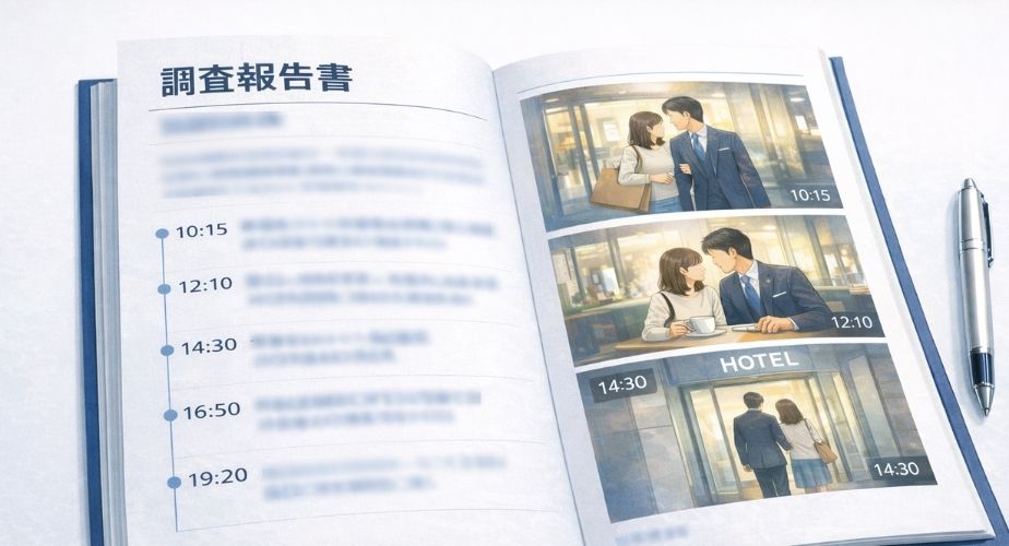 写真と時系列記録が掲載された浮気調査報告書のイメージ