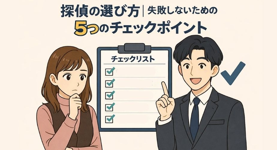 探偵の選び方で失敗しないための5つのチェックポイントを解説するイメージ。探偵がリストを指し示しながら女性にわかりやすく説明している場面