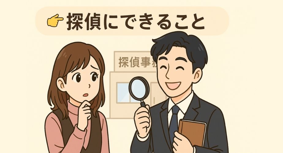 探偵事務所に依頼できる内容をわかりやすく解説するための見出し画像。女性のめぐみが不安を相談し、探偵の好太郎が優しく答えるイラスト