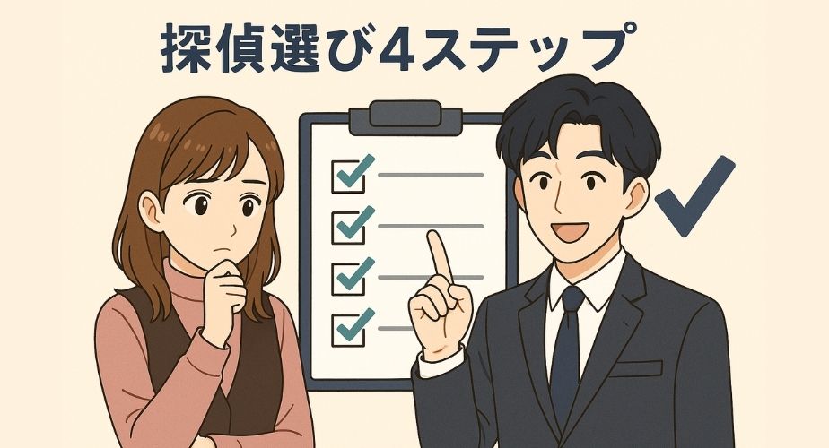 信頼できる探偵事務所を見極める手順を説明する見出し用。チェックリストと女性相談者のイラスト。