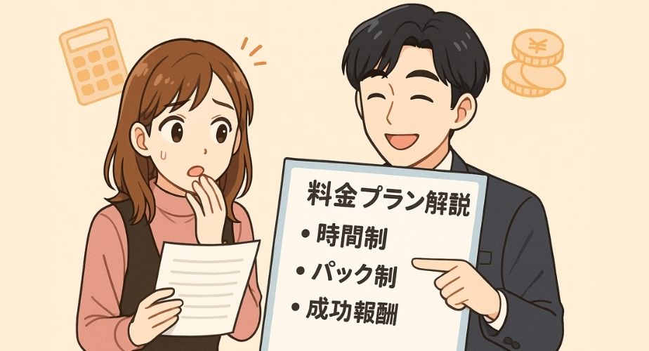 探偵事務所の浮気調査の料金体系を解説する見出し用イラスト。女性のめぐみが料金表を見て不安そうにし、探偵の好太郎が丁寧に説明している場面。