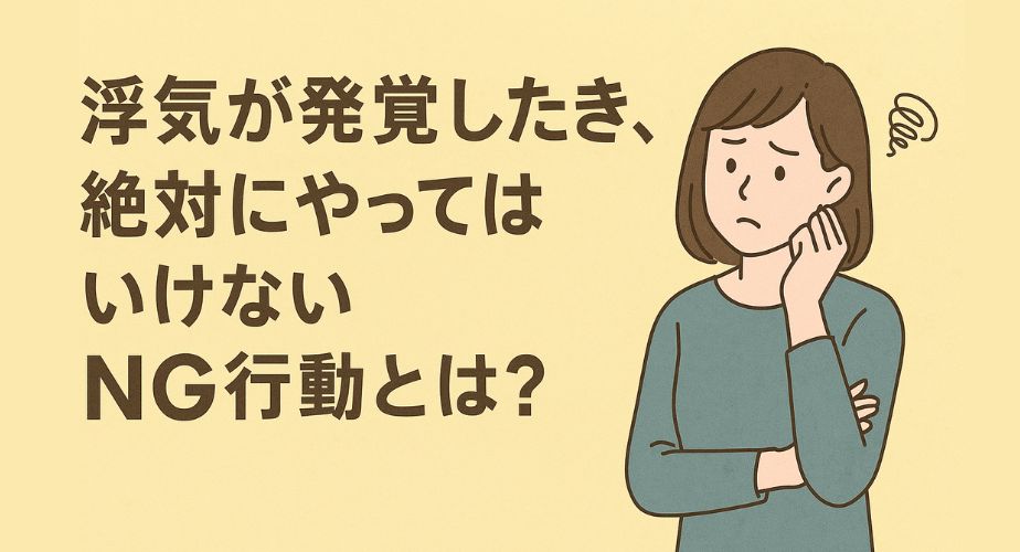 ショックを受けた表情の女性と「浮気が発覚したとき、絶対にやってはいけないNG行動とは？」というテキストが描かれたイラスト風の画像。背景は暗く、女性は小さめに配置されている。 