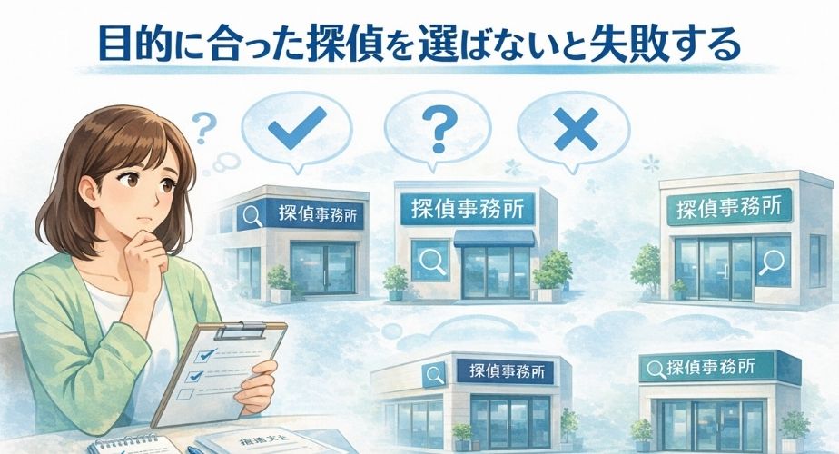 複数の探偵事務所を前に、目的を整理しながら選択に悩む相談者のイラスト