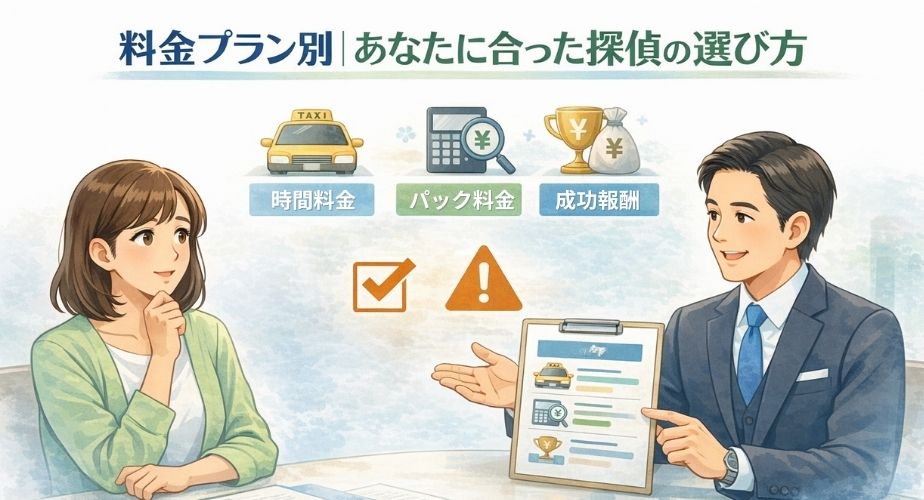 探偵の料金プランを比較しながら、自分に合った選び方を理解する相談者のイラスト