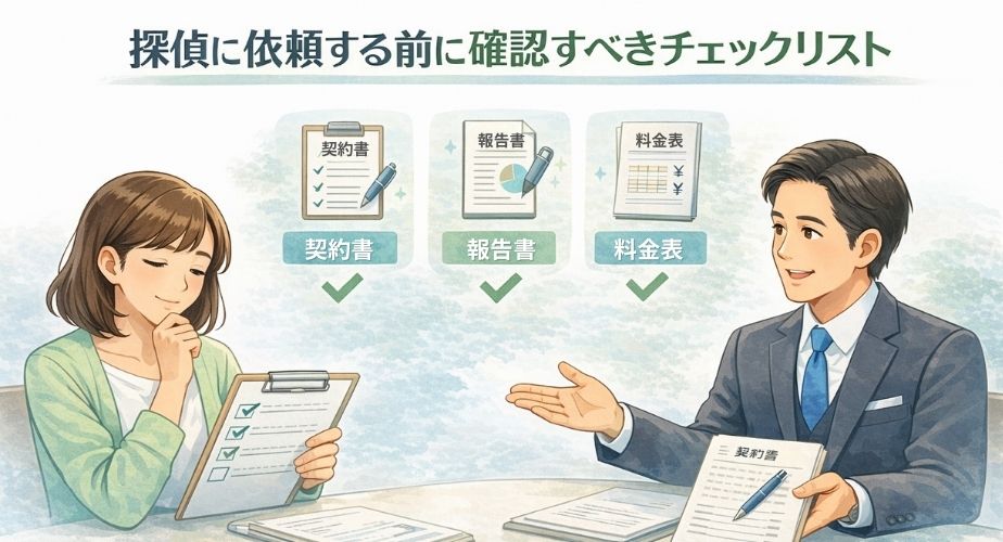 探偵に依頼する前に重要な確認項目をチェックしている相談者のイラスト