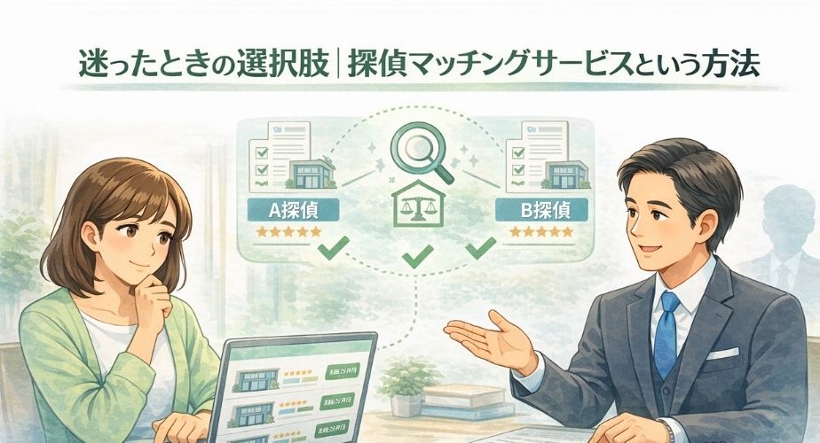 探偵選びに迷ったときに、マッチングサービスで選択肢を整理する相談者のイラスト