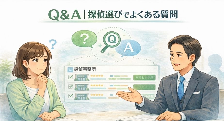探偵選びに関する疑問を相談し、丁寧な説明を受ける様子のイラスト
