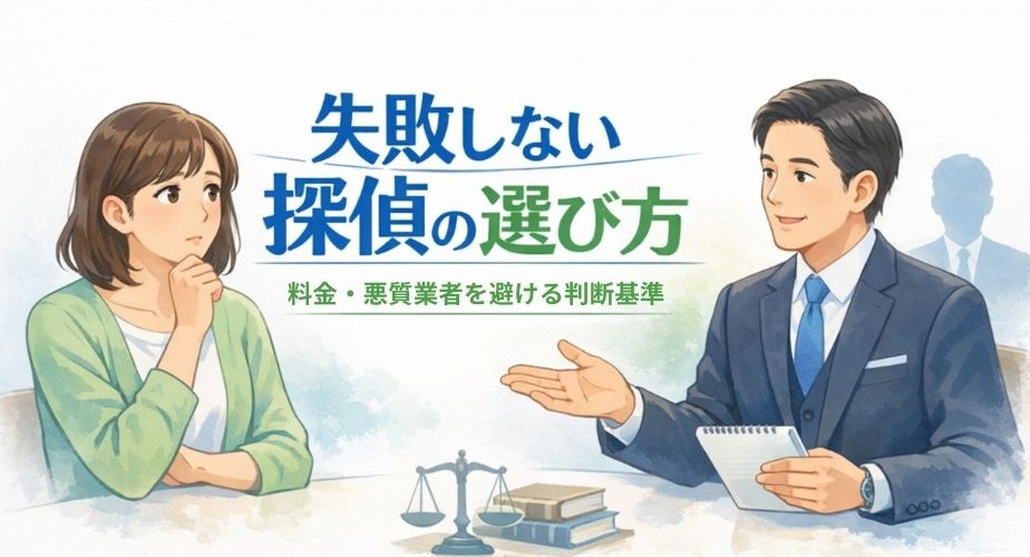 失敗しない探偵の選び方をテーマに、相談者の主婦と探偵相談員が落ち着いて話し合う安心感のあるイラスト
