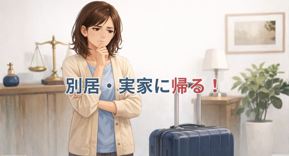 証拠がないまま別居するか悩んで立ち止まる主婦のイラスト