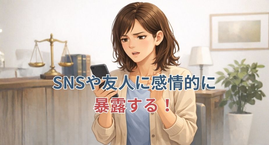 SNSに感情的な投稿をしそうになり手を止める主婦のイラスト