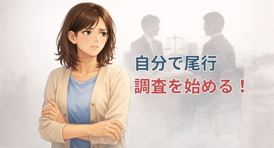 自分で浮気調査をしようとして不安を感じている主婦のイラスト