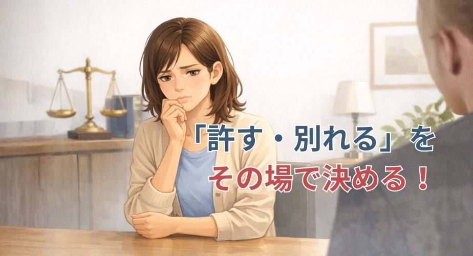 浮気後に許すか別れるかをすぐ決めず悩む主婦のイラスト