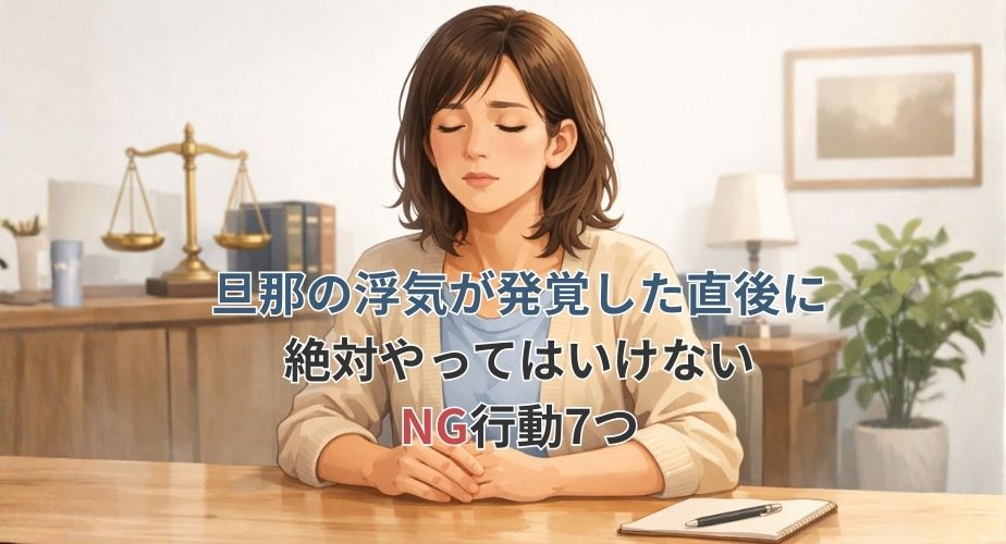 旦那の浮気が発覚した直後に冷静になろうと深呼吸する主婦のイラスト