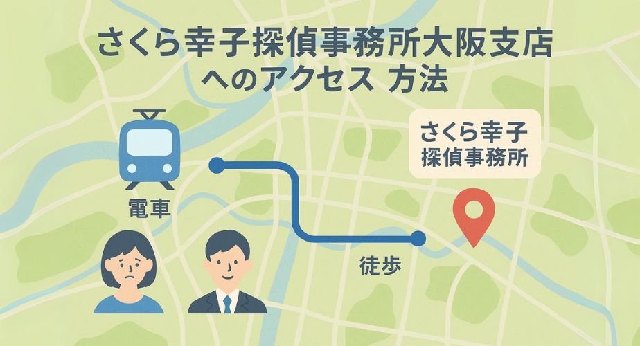 大阪市の地図を背景に、電車と徒歩のアイコンがルートを示し、「さくら幸子探偵事務所」の場所に赤いマーカーが立つアクセス案内風イラスト。