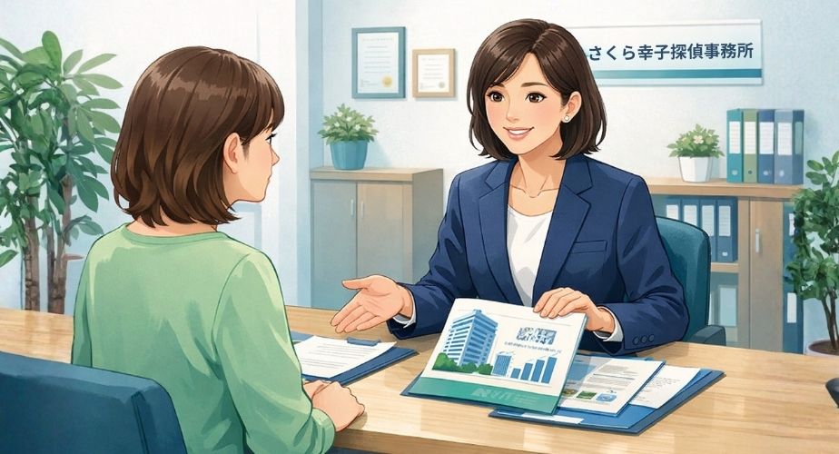 探偵事務所の相談員が落ち着いた雰囲気のオフィスで信頼性を説明しているイラスト