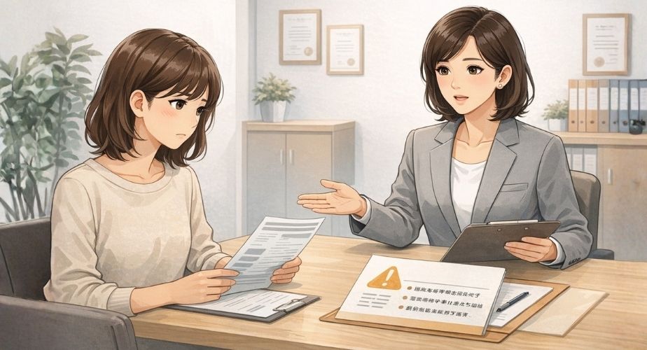 探偵事務所の注意点について不安そうに話を聞く相談者のイラスト