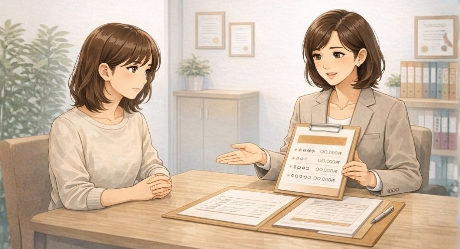 探偵事務所の料金や費用について説明を受ける相談者のイラスト