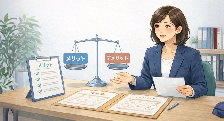 探偵事務所のメリットとデメリットを冷静に比較しているイラスト