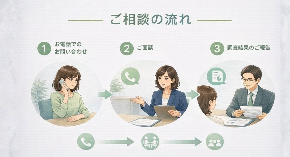 探偵事務所への相談から調査完了までの流れを表したイラスト