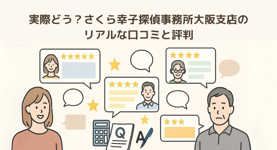星マーク付きのレビュー吹き出しと、笑顔や真剣な表情をした複数世代の男女キャラクターが並ぶ、口コミをテーマにしたイラスト。