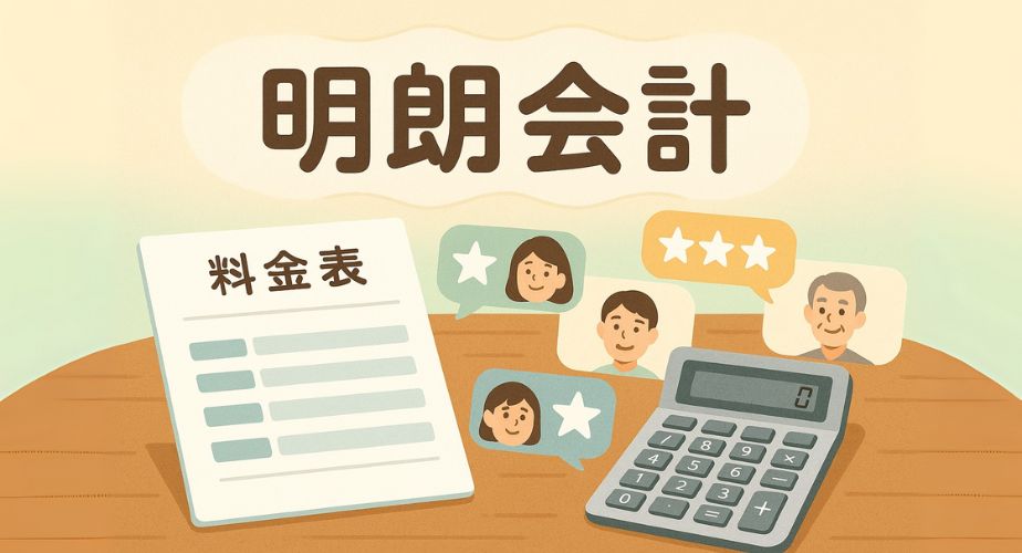 木のデスクの上に料金表と電卓が並び、背景には「明朗会計」の文字と複数のレビュー吹き出しが浮かぶ、安心感のある雰囲気のイラスト。