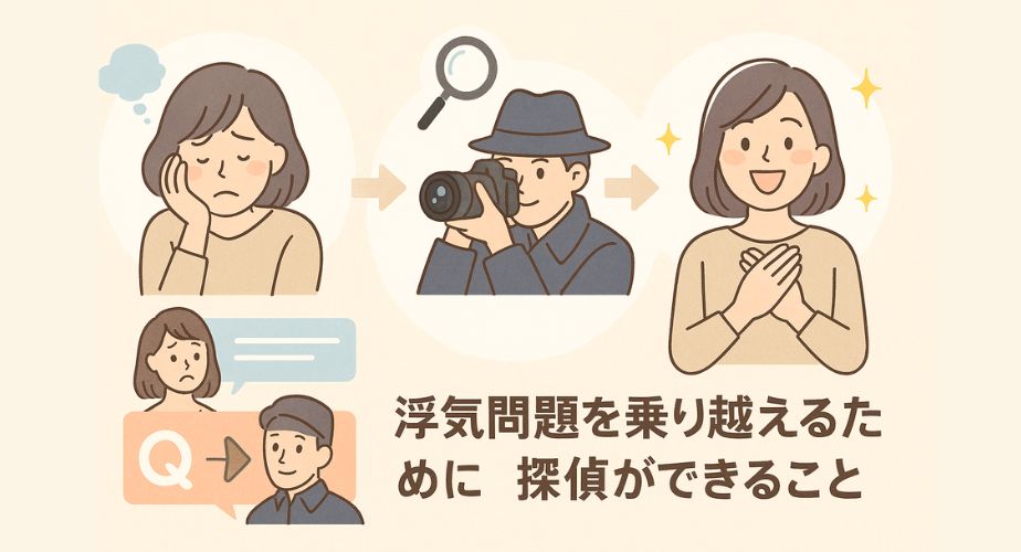 悩んでいた女性が、探偵の調査を経て笑顔を取り戻す様子を3コマで表現したイラスト。コマごとに感情の変化が描かれ、優しい色調が安心感を与える。
