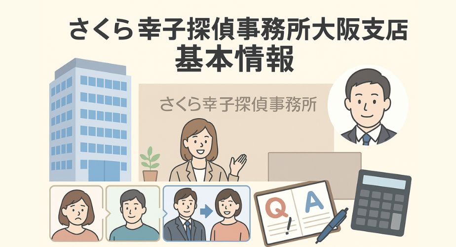 オフィスビル外観、受付カウンター、スーツ姿のスタッフの顔イラストが並び、さくら幸子探偵事務所大阪支店の企業紹介として親しみやすく表現されたイラスト。