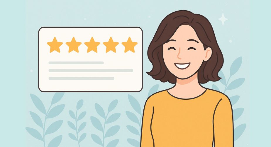 利用者の良い口コミを表す星5評価と笑顔の女性のイメージ画像。